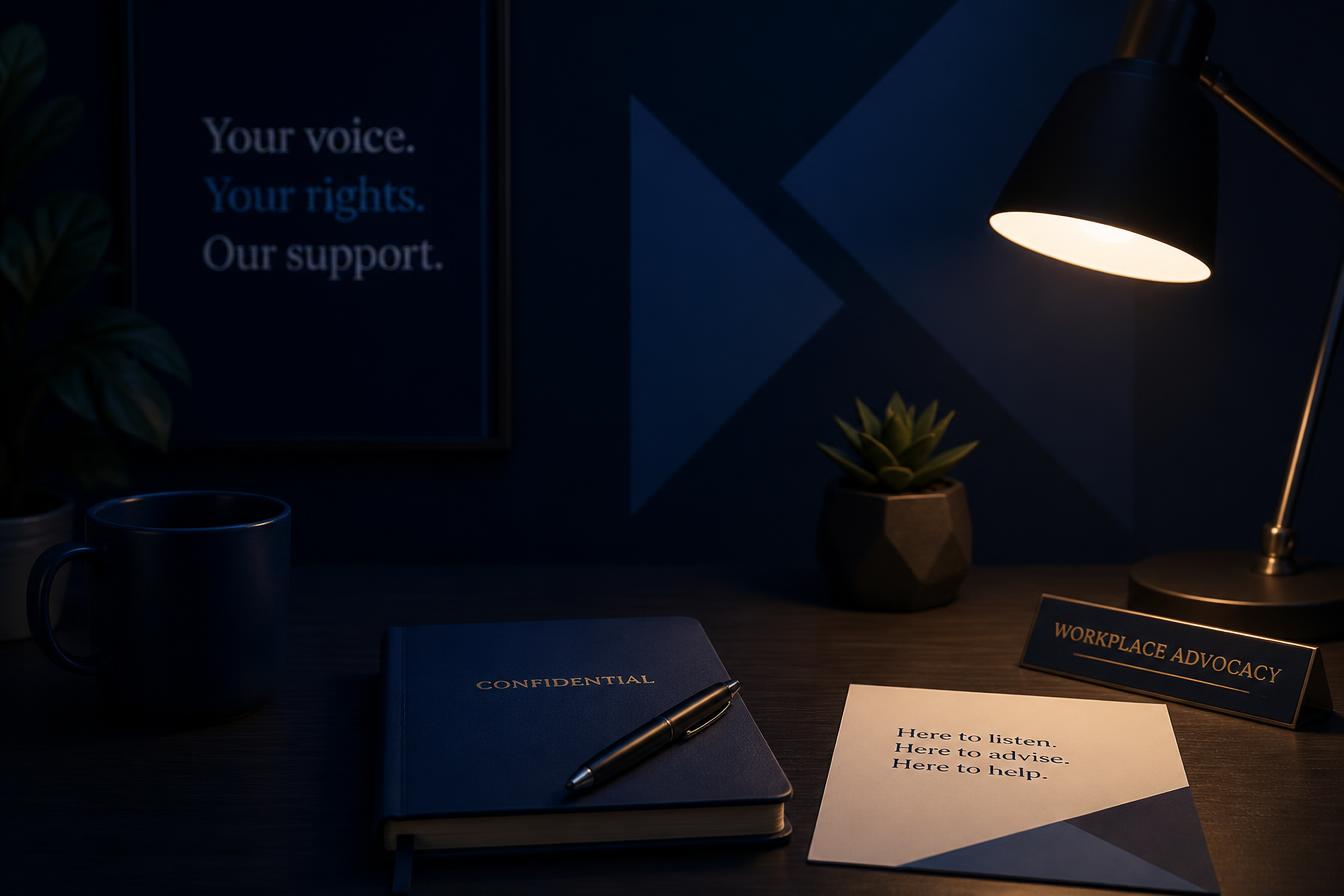 A quiet desk with a warm lamp and notebook, suggesting a calm, private conversation